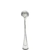 Silver ice tongs with polished finish, featuring fan-shaped head and slender handle tapering to a triangular base, studio shot.