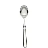 Silver ice cream spoon with oval bowl and curved handle, polished reflective surface, studio product shot on white background.