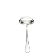 Silver sauce ladle, stainless steel, rounded bowl with flared rim and teardrop handle, polished reflective finish, minimalist design.