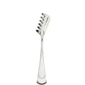 Silver spaghetti tongs with curved slotted head and tapered handle, studio shot on white background.