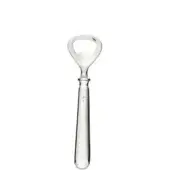 Silver bottle opener with slender handle, cylindrical collar, and curved horseshoe-shaped cap opener, featuring stamped “SILVER” text.
