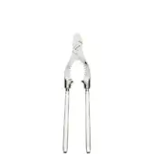 Silver champagne tongs with long, slender handles and jagged gripping teeth against a white backdrop.