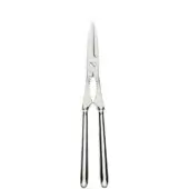 Stainless steel lobster tongs with curved handles and ridged grips, featuring a pointed blade for shellfish cracking against a white backdrop.