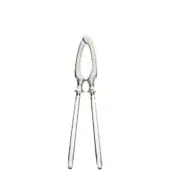 Silver nut cracker with scissor handles and oval serrated gripping mechanism, polished metal, symmetrical design, white background.