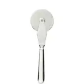 Stainless steel pizza cutter with circular blade, polished metal handle, and tapered design featuring a silver “Fissler” logo.