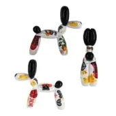 Juliarte balloon dog sculptures, white resin, patterned designs—orange, red, black birds, butterflies, geometric shapes—against a white backdrop.