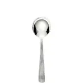 Stainless steel soup spoon, polished silver finish, rounded bowl with ribbed handle, minimalist modern design against a white backdrop.