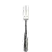 Stainless steel table fork with straight tines and vertically ribbed, elongated handle against a white backdrop.