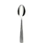 Silver spoon with elongated oval bowl and vertically ribbed handle, studio shot on white background, polished reflective surface.