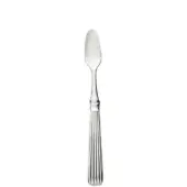 Silver shellfish knife with curved blade and ridged handle, polished metallic finish, centered on white background.