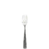 Stainless steel fish fork with four tines, curved neck, and ridged handle, centered on a white background with a stamped emblem.