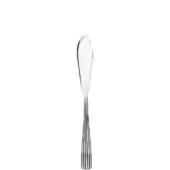 Silver fish knife with rounded blade and fluted stem, polished reflective finish, centered on white background.