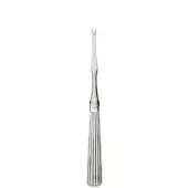 Lobster fork, silver-toned metal, ribbed handle with slender neck and flared three-pronged tip, studio shot on white background.