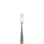 Silver fruit fork with four tines, featuring a ridged, slender handle and polished metal finish against a white backdrop.