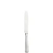 Silver fruit knife with straight blade, ribbed handle, and floral motif, presented on a white background.