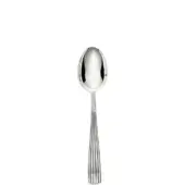Silver fruit spoon with elongated oval bowl and fluted handle, polished stainless steel, centered on white background, diffused lighting.