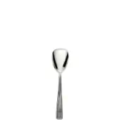 Silver ice cream spoon with rounded bowl and ribbed handle, polished stainless steel, centered on white background, diffused lighting.