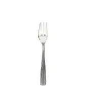 Stainless steel dessert fork with slender, rounded tines and vertically ribbed handle against a white backdrop.