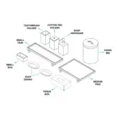 Bathroom set technical diagram showing toothbrush holder, soap dispenser, tray & box components in black line art on white background.