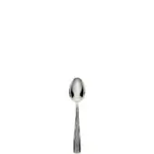 Silver coffee spoon with oval bowl and ribbed handle, polished stainless steel, centered on white background, studio lighting.