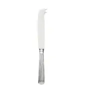 Cheese knife, silver-toned, with a curved blade and ribbed handle, studio shot against a white backdrop, polished metal finish.