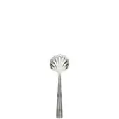 Silver cheese spoon with scalloped bowl and ribbed handle, polished metal, vertical texture, bright sheen, against a white backdrop.