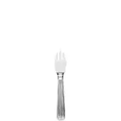 Silver parmesan fork with three tines, ribbed handle, and polished sheen against a white backdrop.
