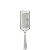 Stainless steel parmesan grater, rectangular shape, with circular holes and fluted handle; embossed "FRANCESCO MANNUCCI MADE IN ITALY" text.