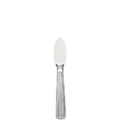 Silver parmesan knife with teardrop blade and fluted handle, marked “10K”, polished metal, minimalist design against a white backdrop.