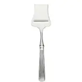 Parmesan cheese slicer, silver metal, rectangular blade with curved neck and ribbed handle, polished finish, studio product shot.