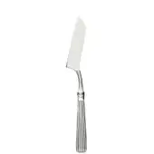 Cheese knife, silver-toned, curved blade with ribbed cylindrical handle and embossed “L” detail, studio product shot.