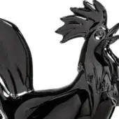 Black rooster sculpture, glossy ceramic, stylized design with silver accents, upright posture, modern decor, studio lighting.
