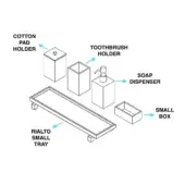 Bathroom set line drawing: square accessories—cotton pad, toothbrush, soap, box—on Rialto tray, minimalist geometric design, white background.