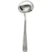 Soup ladle, polished silver, rounded bowl with ridged handle, studio shot on white background, seamless neck, reflective metal finish.