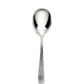 Silver serving spoon with oval bowl, polished reflective surface, and vertically ribbed elongated handle, studio shot.