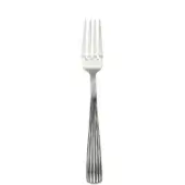 Stainless steel serving fork with four tines, curved handle, and vertical ribbed texture displayed on a white background.