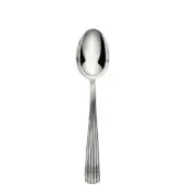 Silver serving spoon, stainless steel, oval bowl with ridged handle and flat multifaceted base, polished reflective surface, studio shot.