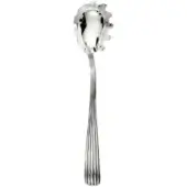 Stainless steel spaghetti spoon with perforated bowl and ribbed handle, polished finish, studio product shot on white background.