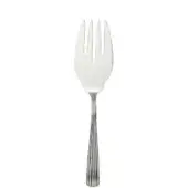 Silver fish server fork with four rounded tines, shallow bowl, and vertically ribbed handle, polished metal sheen.