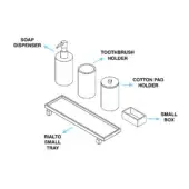 Bathroom set technical drawing: matte black Rialto tray with cylindrical toothbrush holder, cotton pad holder, soap dispenser, and square box.