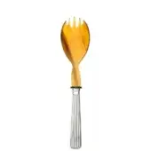 Serving fork with amber horn bowl and silver fluted metal handle, featuring five tines and black accent, against white backdrop.