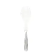 Serving fork with translucent plexiglass head, six rounded tines, and vertically ribbed handle against a white backdrop.