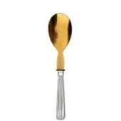 Serving spoon with horn bowl, gold handle, and silver ribbed stem, displaying amber and brown mottled tones against a white backdrop.