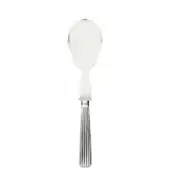 Clear plexiglass serving spoon with rounded bowl, slender ridged handle, and rectangular base on a white background.