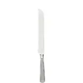 Stainless steel bread knife with serrated blade, curved tip, and ribbed handle, displaying the “Zwilling” brand name along the metal.