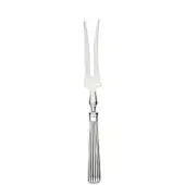 Carving fork, polished silver-metal, with long curved tines and vertically ribbed handle featuring a flared collar and rounded end.