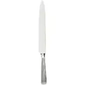 Carving knife with polished silver-toned metal blade and ridged handle, featuring a circular emblem and “SOLA” stamp, studio shot.