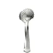 Silver bread tongs with a scalloped fan head and ribbed handle, studio shot on a white background, polished metal finish.
