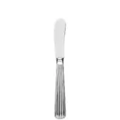 Silver butter knife with rounded blade and fluted handle, polished metal surface, centered on white background, faint stamped markings visible.