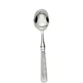 Stainless steel ice cream spoon, elongated oval bowl, vertically ribbed handle, polished reflective finish, studio product shot.